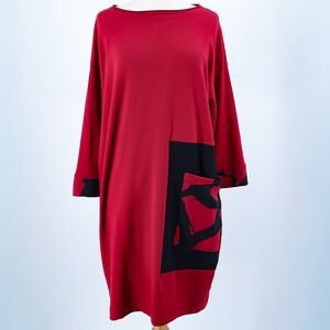 Chalet Tunic Dress Womens Abstract Pocket Lagenlook Small Red Made in USA